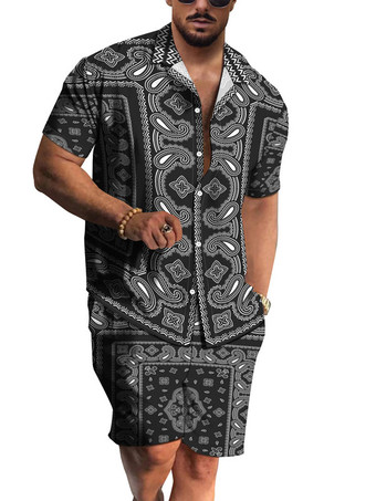 ライトグレーメンズ2ピースプリント半袖ターンダウンカラーライトグレー