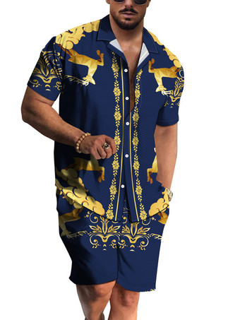 ディープブルーメンズ2ピースプリント半袖ターンダウンカラーライトグレー