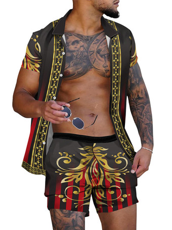 ブラック メンズ2ピースプリント半袖ターンダウンカラーライトグレー