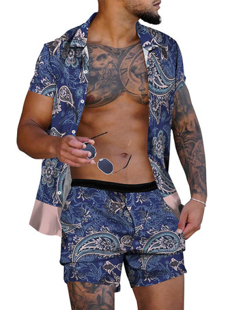 ブルー メンズ2ピースプリント半袖ターンダウンカラーライトグレー