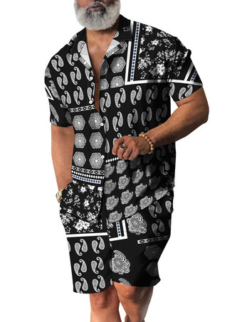 グレイメンズ2ピースプリント半袖ターンダウンカラーライトグレー