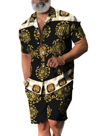 イエローメンズ2ピースプリント半袖ターンダウンカラーホワイト