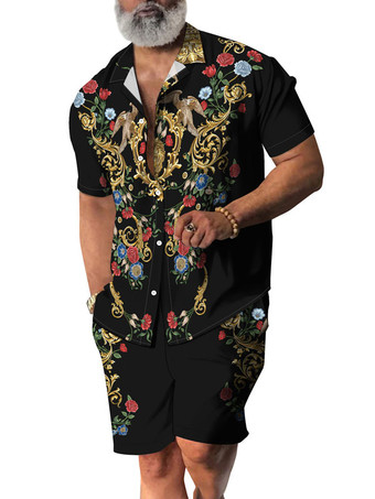 ブラック メンズ2ピースプリント半袖ターンダウンカラーホワイト