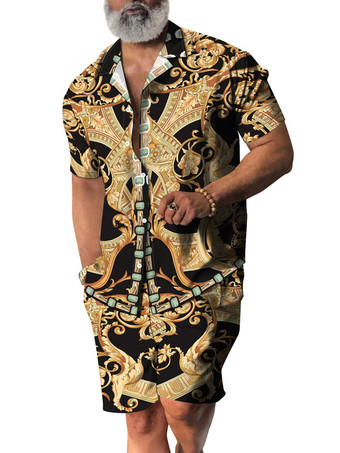 ブラウン メンズ2ピースプリント半袖ターンダウンカラーホワイト