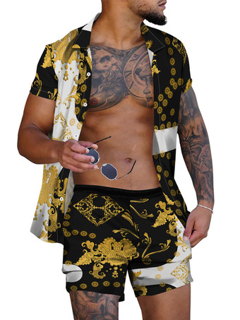 ホワイト メンズ2ピースプリント半袖ターンダウンカラーホワイト