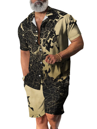 カーキ メンズ2ピースプリント半袖ターンダウンカラーホワイト
