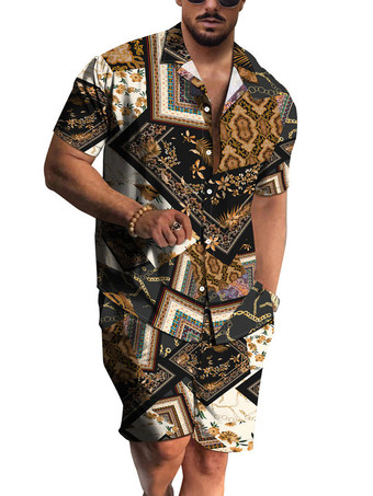 ブラウン メンズ2ピースプリント半袖ターンダウンカラーディープブルー