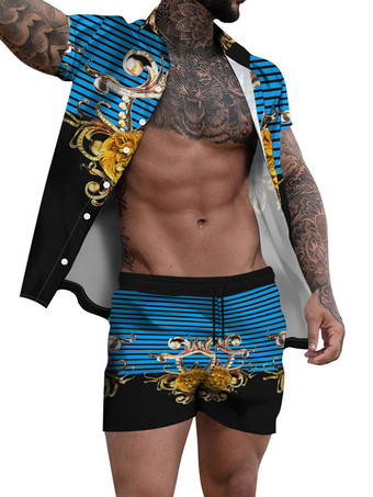 ディープブルーメンズ2ピースプリント半袖ターンダウンカラーディープブルー