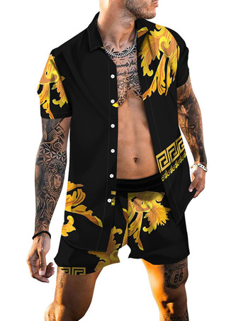 ブラック メンズ2ピースプリント半袖ターンダウンカラーディープブルー