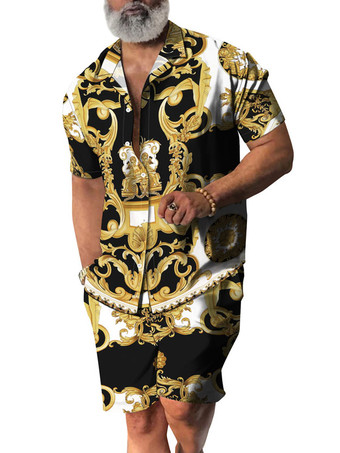 イエローメンズ2ピースプリント半袖ターンダウンカラーディープブルー