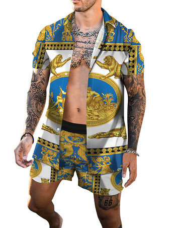 ブルー メンズ2ピースプリント半袖ターンダウンカラーディープブルー