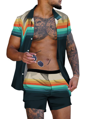 イエローメンズ2ピースプリント半袖ターンダウンカラーイエロー