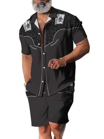 ブラック メンズ2ピースプリント半袖ターンダウンカラーイエロー