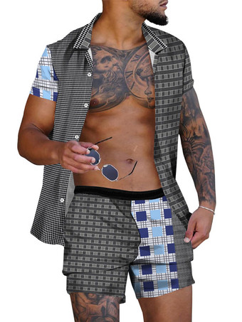 ブルー メンズ2ピースプリント半袖ターンダウンカラーイエロー