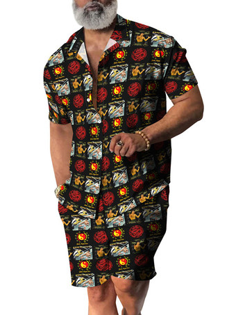 レッド メンズ2ピースプリント半袖ターンダウンカラーイエロー