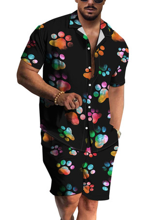 グリーン メンズ2ピースプリント半袖ターンダウンカラーイエロー