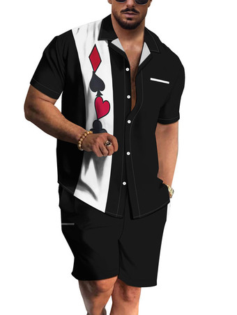 ホワイト メンズ2ピースプリント半袖ターンダウンカラーブルー