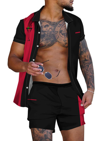 レッド メンズ2ピースプリント半袖ターンダウンカラーブルー