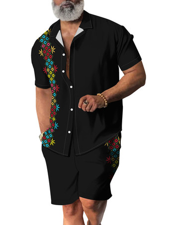 ブラック メンズ2ピースプリント半袖ターンダウンカラーブルー