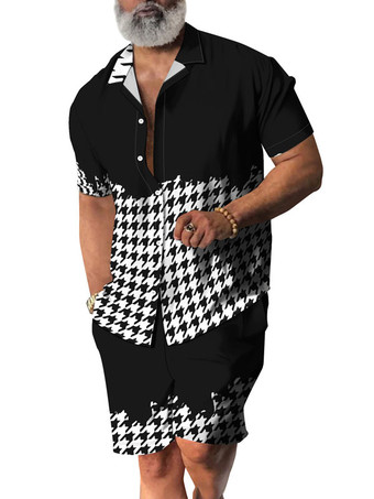 ホワイト＋ブラックメンズ2ピースプリント半袖ターンダウンカラーブルー