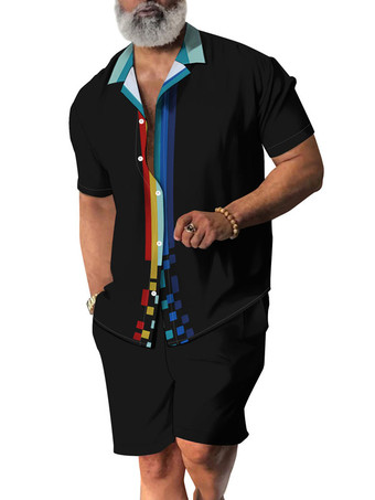 グリーン メンズ2ピースプリント半袖ターンダウンカラーブルー