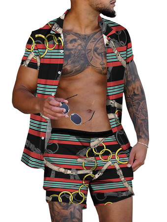 Rosso Colletto rovesciato a maniche corte stampato in 2 pezzi da uomo color oro chiaro