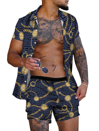 Blu scuro Colletto rovesciato a maniche corte stampato in 2 pezzi da uomo color oro chiaro