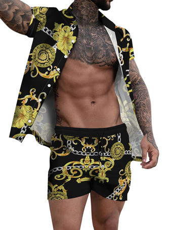 GialloColletto rovesciato a maniche corte stampato in 2 pezzi da uomo color oro chiaro