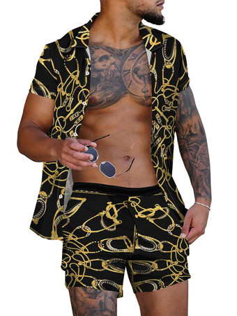 Nero Colletto rovesciato a maniche corte stampato in 2 pezzi da uomo color oro chiaro