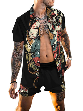 verde Camiseta de manga corta estampada de 2 piezas para hombre con cuello vuelto naranja