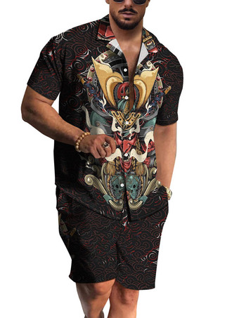 azul Camiseta de manga corta estampada de 2 piezas para hombre con cuello vuelto naranja