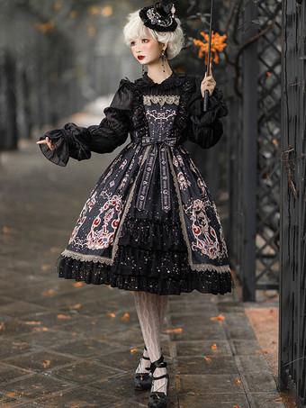 Classic Lolita Dress Elegant Print Star Bows Ruffles Lolita JSK