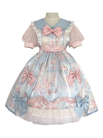 甘いロリータドレスポリエステル半袖ドレスリボンつき 可愛い ピンク