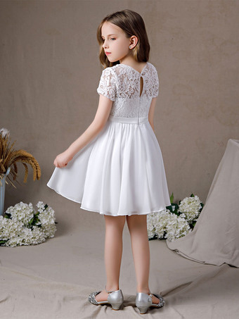 フラワーガールドレスレースレースジュエルネック半袖アイボリー