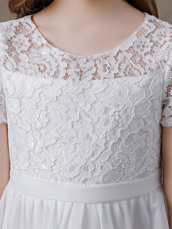 フラワーガールドレスレースレースジュエルネック半袖アイボリー