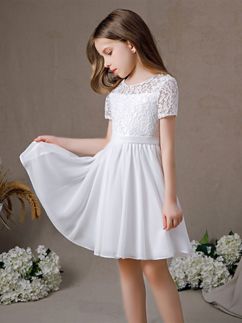 フラワーガールドレスレースレースジュエルネック半袖アイボリー