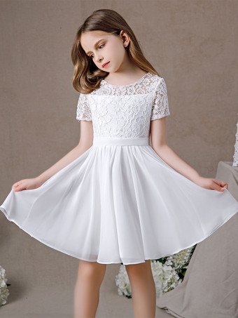 フラワーガールドレスレースレースジュエルネック半袖アイボリー