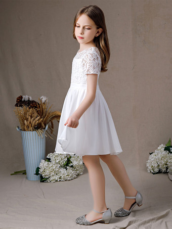 フラワーガールドレスレースレースジュエルネック半袖アイボリー