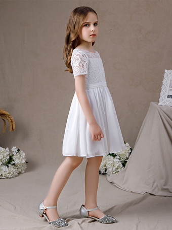 フラワーガールドレスレースレースジュエルネック半袖アイボリー