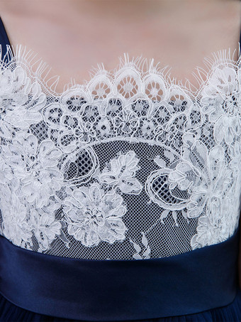 フラワーガールドレスシフォンレーススクエアネックノースリーブダークネイビー