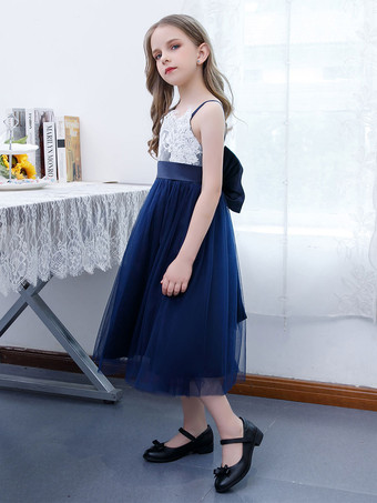 フラワーガールドレスシフォンレーススクエアネックノースリーブダークネイビー