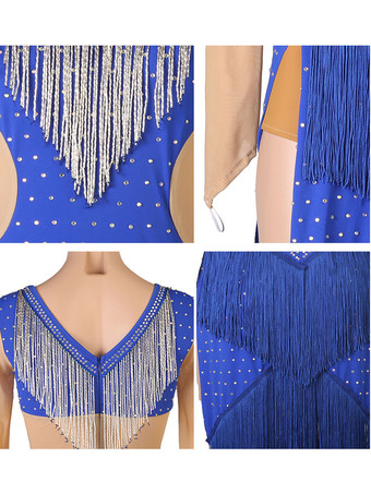 ラテンダンスコスチュームブルー女性のポリエステルドレスセクシーなフリンジラインストーンラテンダンサーダンスコスチューム