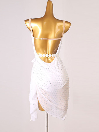 ラテンダンスドレス白い女性のラインストーン背中のないボディコンセクシーなポリエステルドレスダンスの摩耗