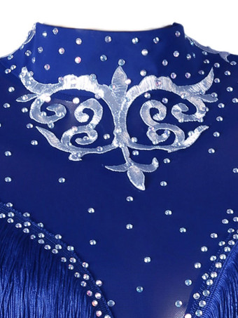ラテンダンスドレスブルー女性のポリエステルドレスセクシーなラインストーンフリンジラテンダンサーダンスコスチューム
