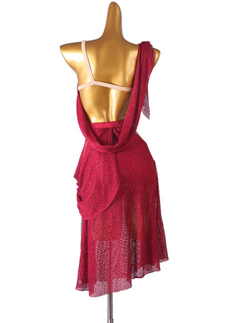 ラテンダンスドレスブルゴーニュレディースラインストーンオープンショルダーボディコンセクシーなポリエステルドレスダンスコスチューム