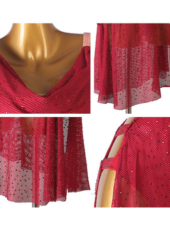 ラテンダンスドレスブルゴーニュレディースラインストーンオープンショルダーボディコンセクシーなポリエステルドレスダンスコスチューム