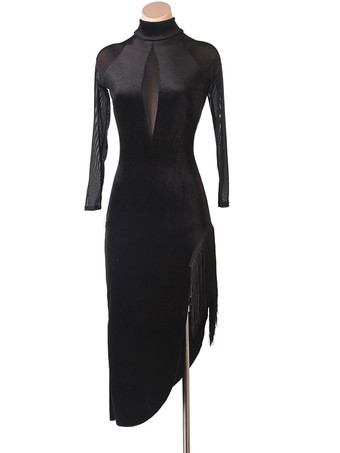 ラテンダンスコスチュームブラックレディースポリエステルドレスセクシーフリンジラテンダンサーダンスコスチューム