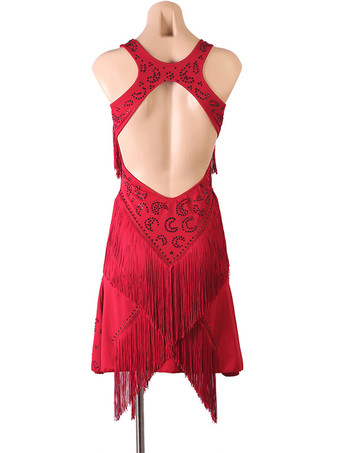 ラテンダンスコスチュームブルゴーニュレディースのポリエステルドレスバックレスセクシーフリンジラインストーンラテンダンサーダンスウェア