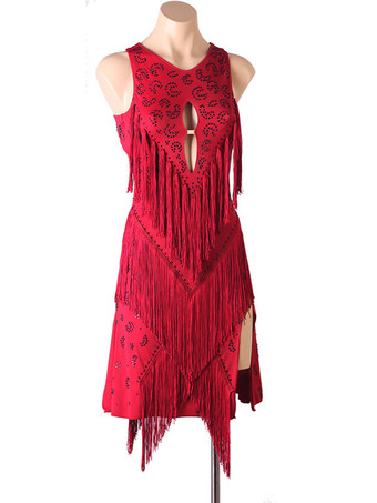 ラテンダンスコスチュームブルゴーニュレディースのポリエステルドレスバックレスセクシーフリンジラインストーンラテンダンサーダンスウェア