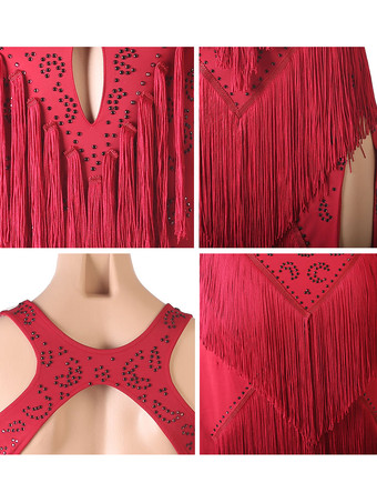 ラテンダンスコスチュームブルゴーニュレディースのポリエステルドレスバックレスセクシーフリンジラインストーンラテンダンサーダンスウェア